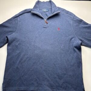 Polo Ralph Lauren Men's Blue Quarter Zip Pullover Sweater Red Pony Logo